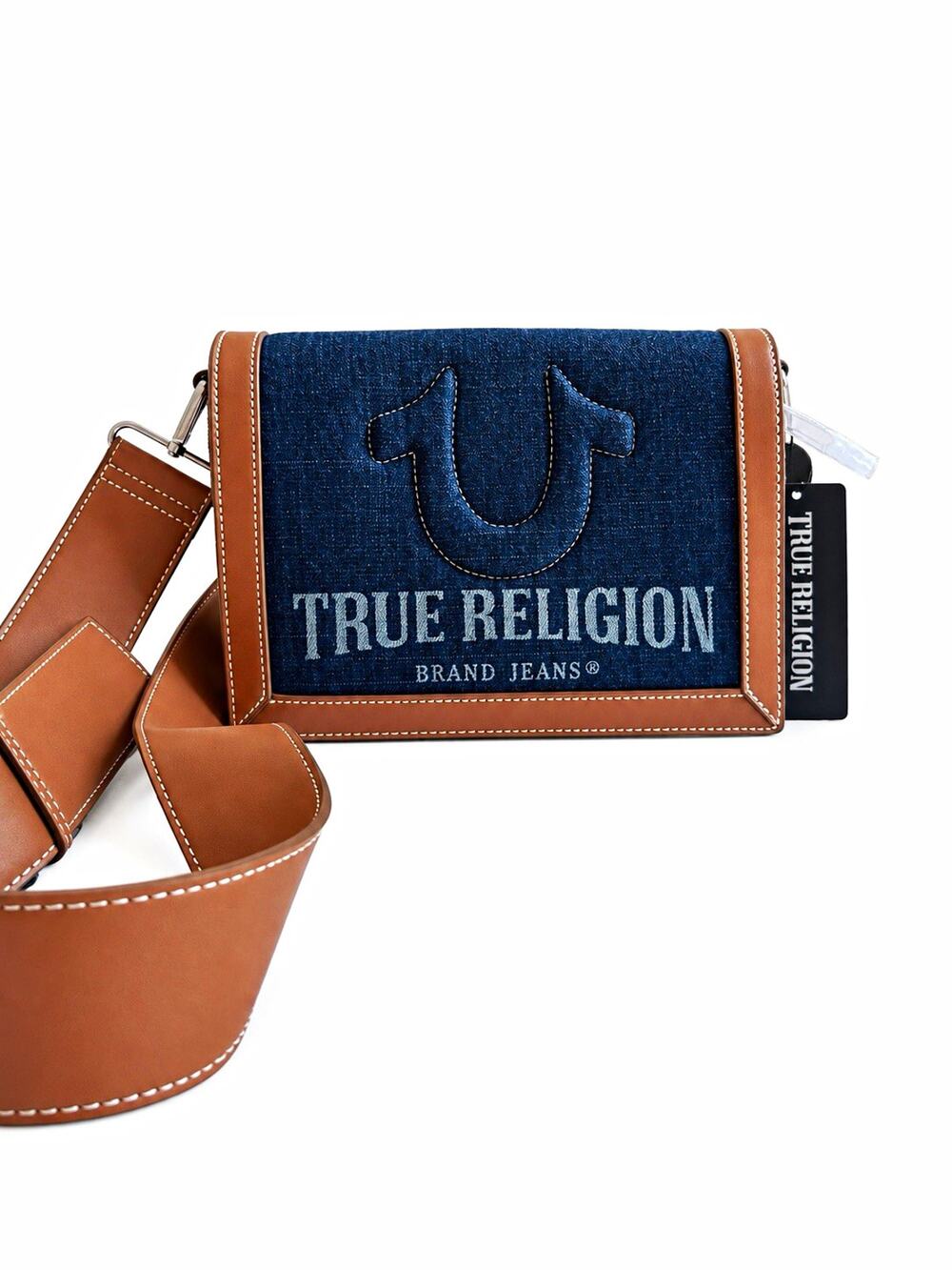 NWT True Religion Denim Faux Leather Crossbody Bag Multi-Compartment Flap Tag